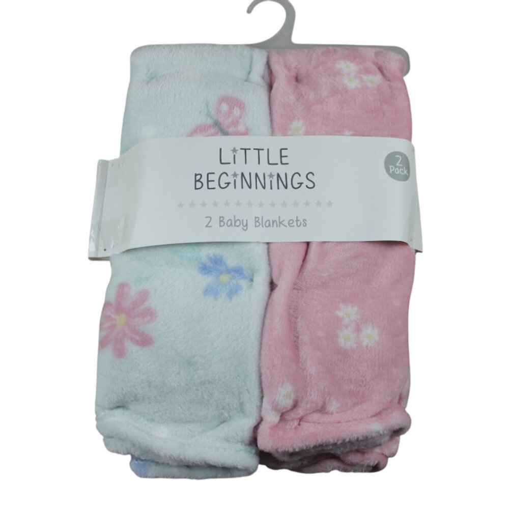 Little Beginnings Baby Blanket Flower Floral Pink Blue Fleece Girls 2-Pack NWT